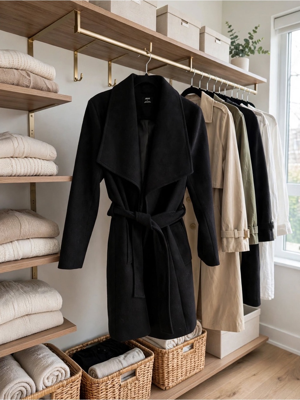 Black Wrap Coat with Waist Belt